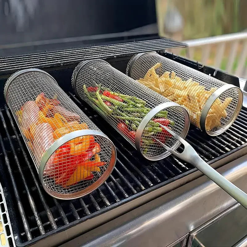 🔥 Panier de Barbecue Roulant en Acier Inoxydable 304 – L’Accessoire Indispensable pour des Grillades Parfaites